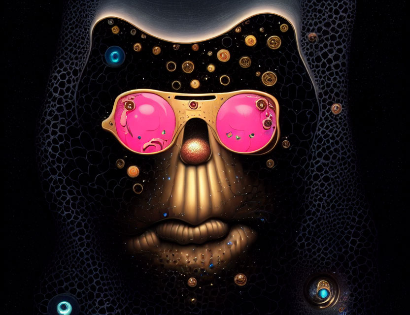 Stylized face with pink sunglasses and golden nose in surreal digital artwork