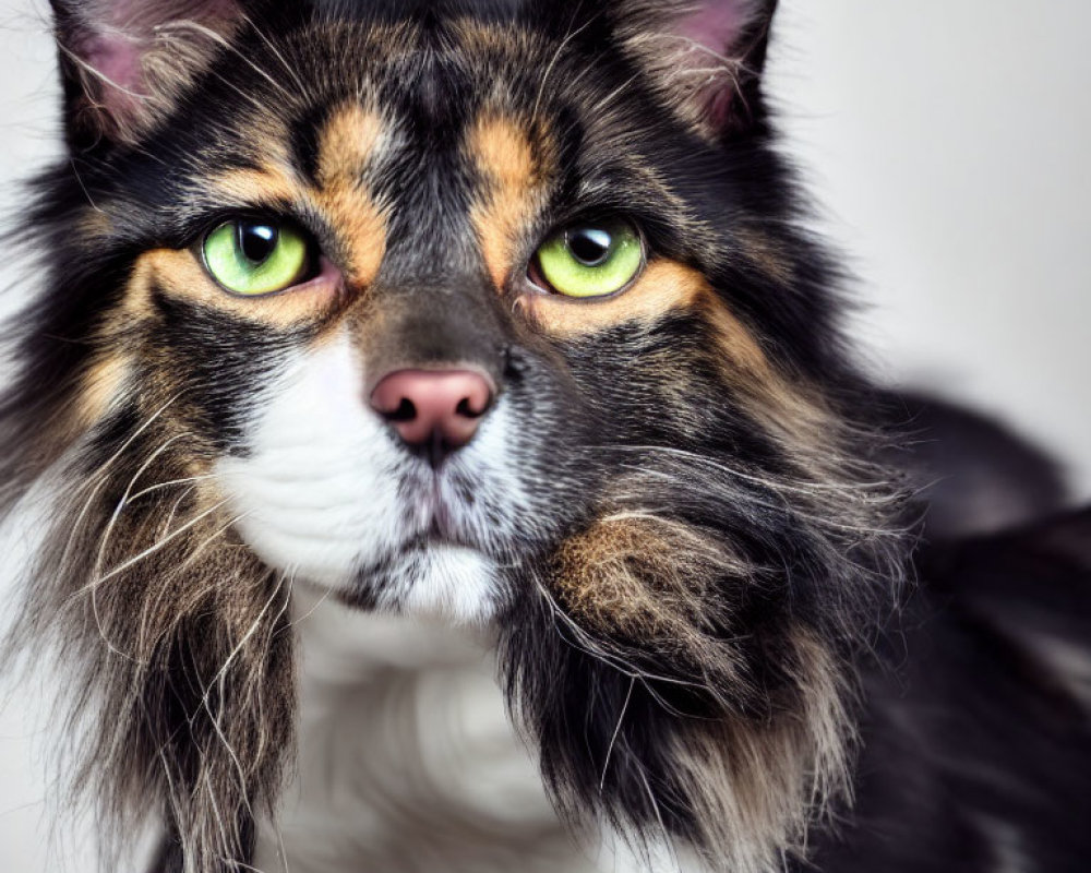 Fluffy Maine Coon Cat with Green Eyes and Multicolored Fur