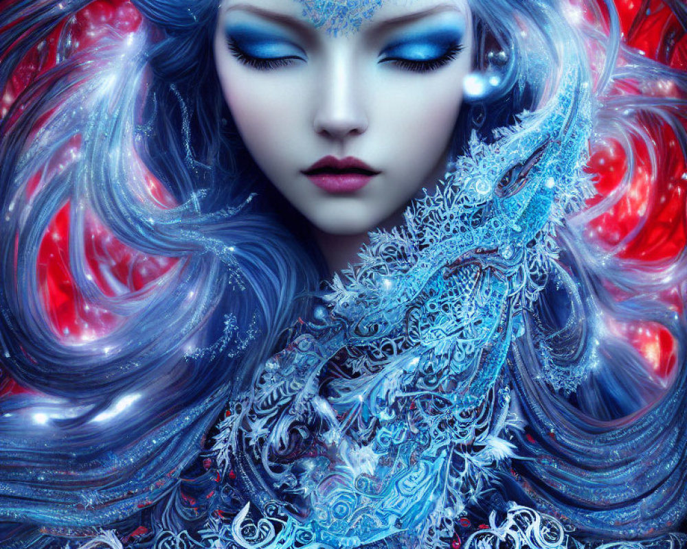 Illustrated fantasy woman with swirling blue hair and intricate icy blue patterns.