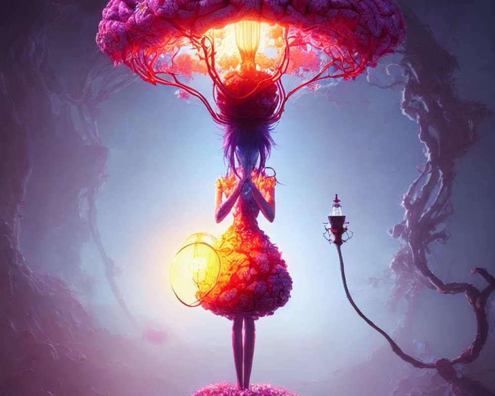 Surreal artwork of female figure with lantern and brain-shaped canopy on purple backdrop