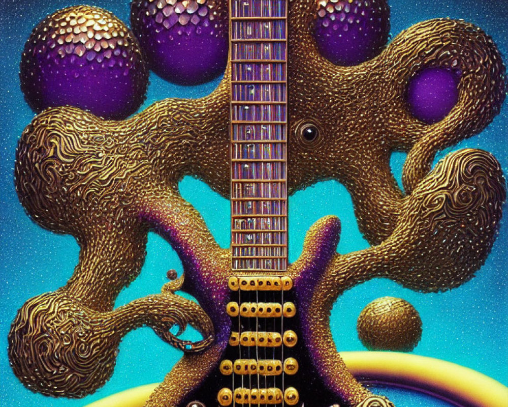 Abstract electric guitar art with tree-like forms and purple textures under starry sky