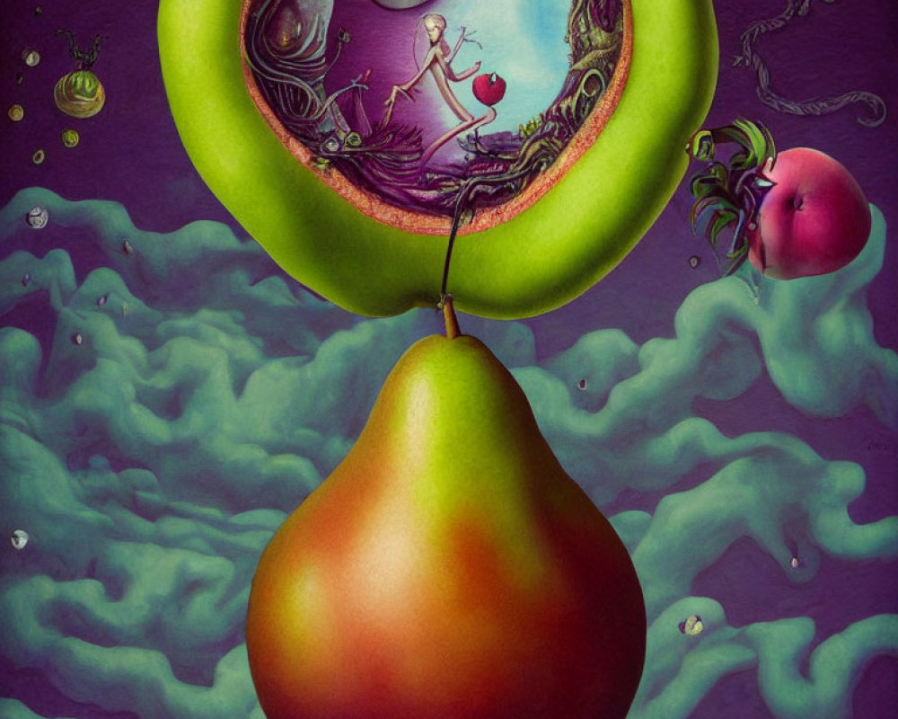 Surreal artwork: pear with tiny figure, boat, crescent moon, whimsical elements on