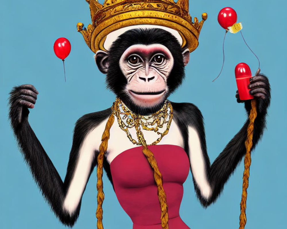 Chimpanzee in red dress with crown and balloon on blue background