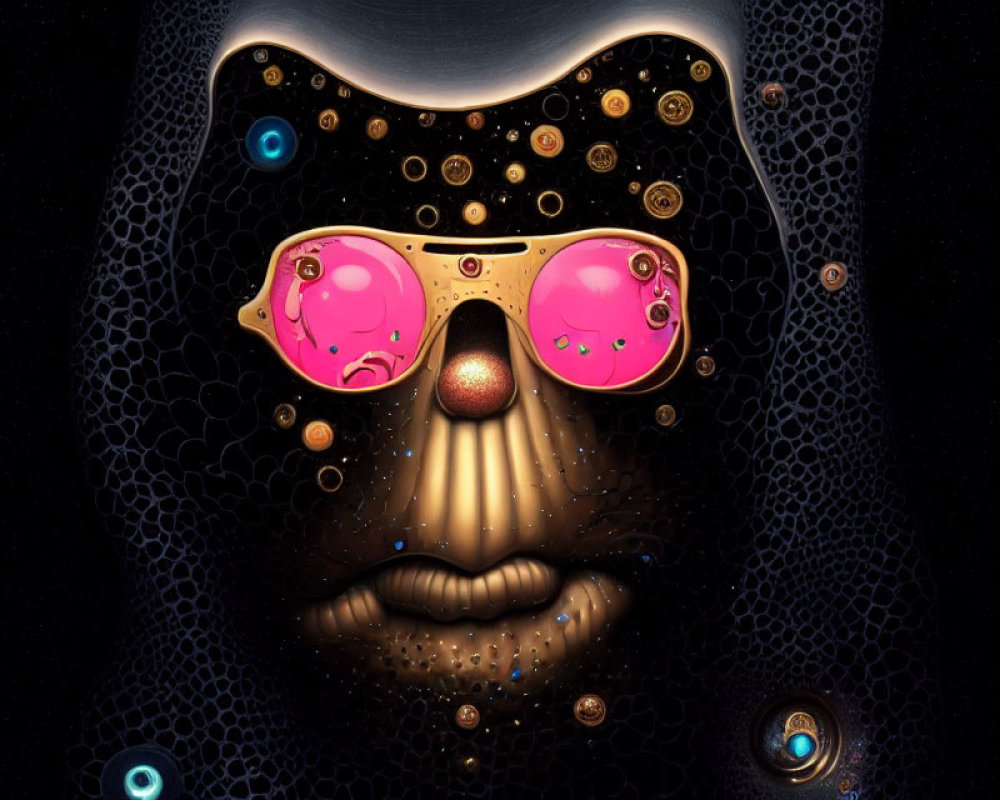 Stylized face with pink sunglasses and golden nose in surreal digital artwork