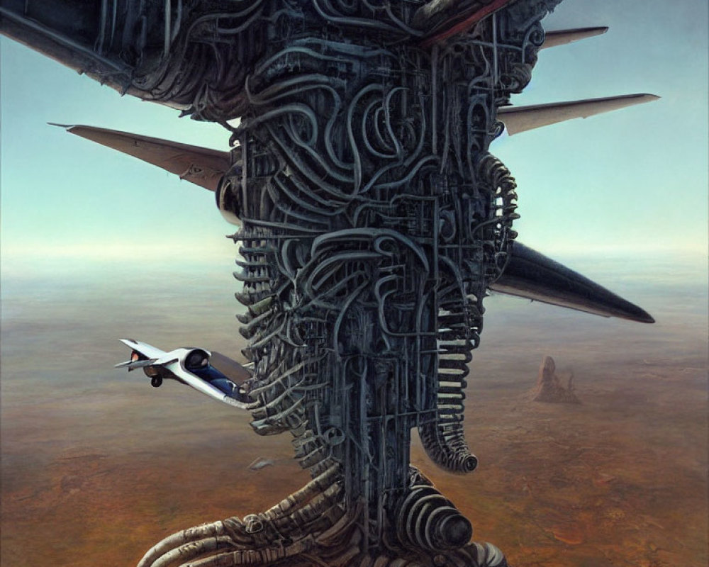 Surreal artwork: Enormous mechanical humanoid structure with airplane in barren landscape