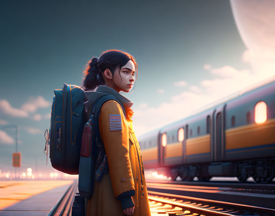 Person with backpack on train platform at dusk with train and large celestial body.