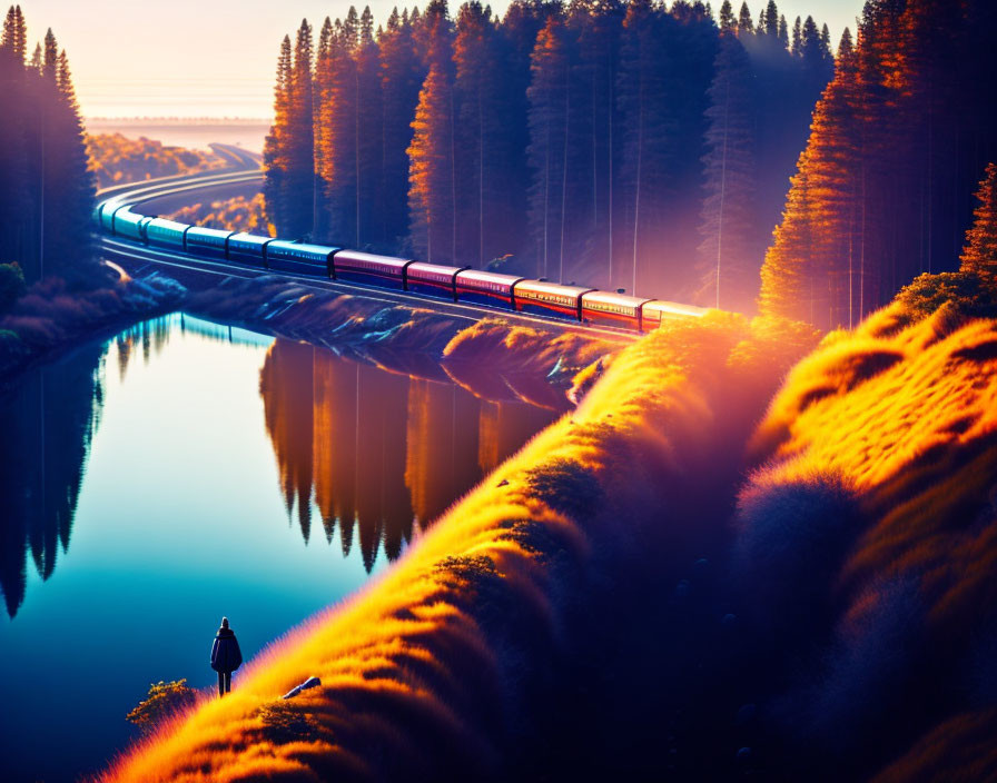 Train by River at Sunrise with Person Observing