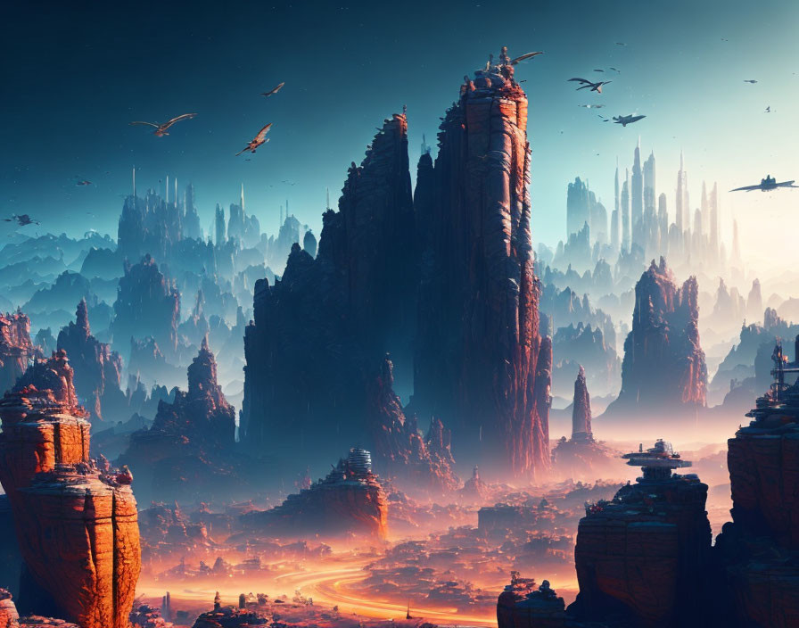 Futuristic sci-fi landscape with towering rock formations and flying ships