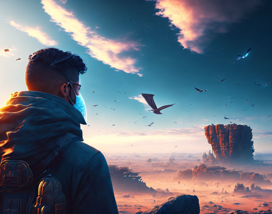 Person wearing glasses and mask gazes at desert rock formation under sunset sky with birds.