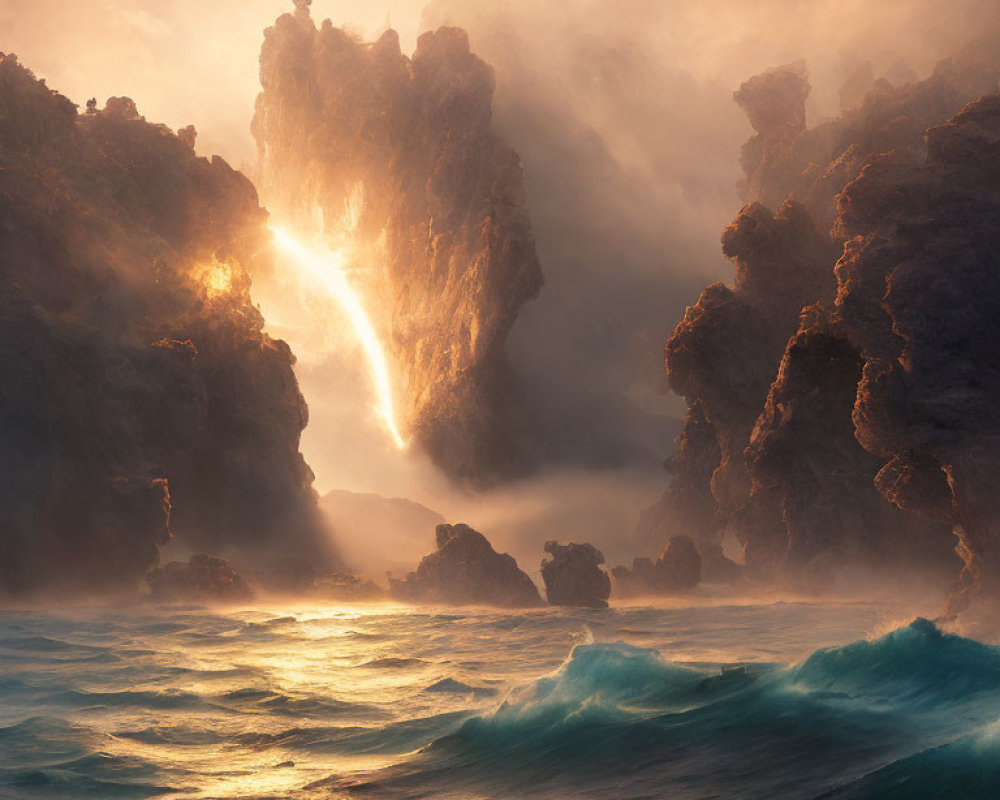 Majestic coastal landscape with sunbeams, mist, and turbulent waves