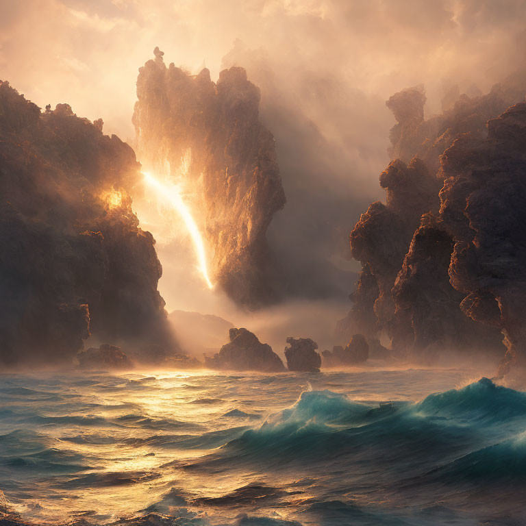 Majestic coastal landscape with sunbeams, mist, and turbulent waves