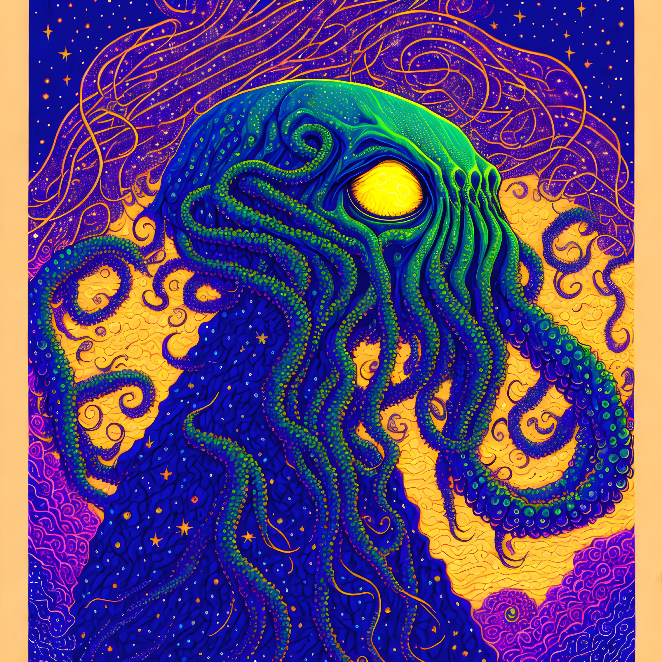 Colorful Psychedelic Octopus Illustration on Starry Purple & Orange Background