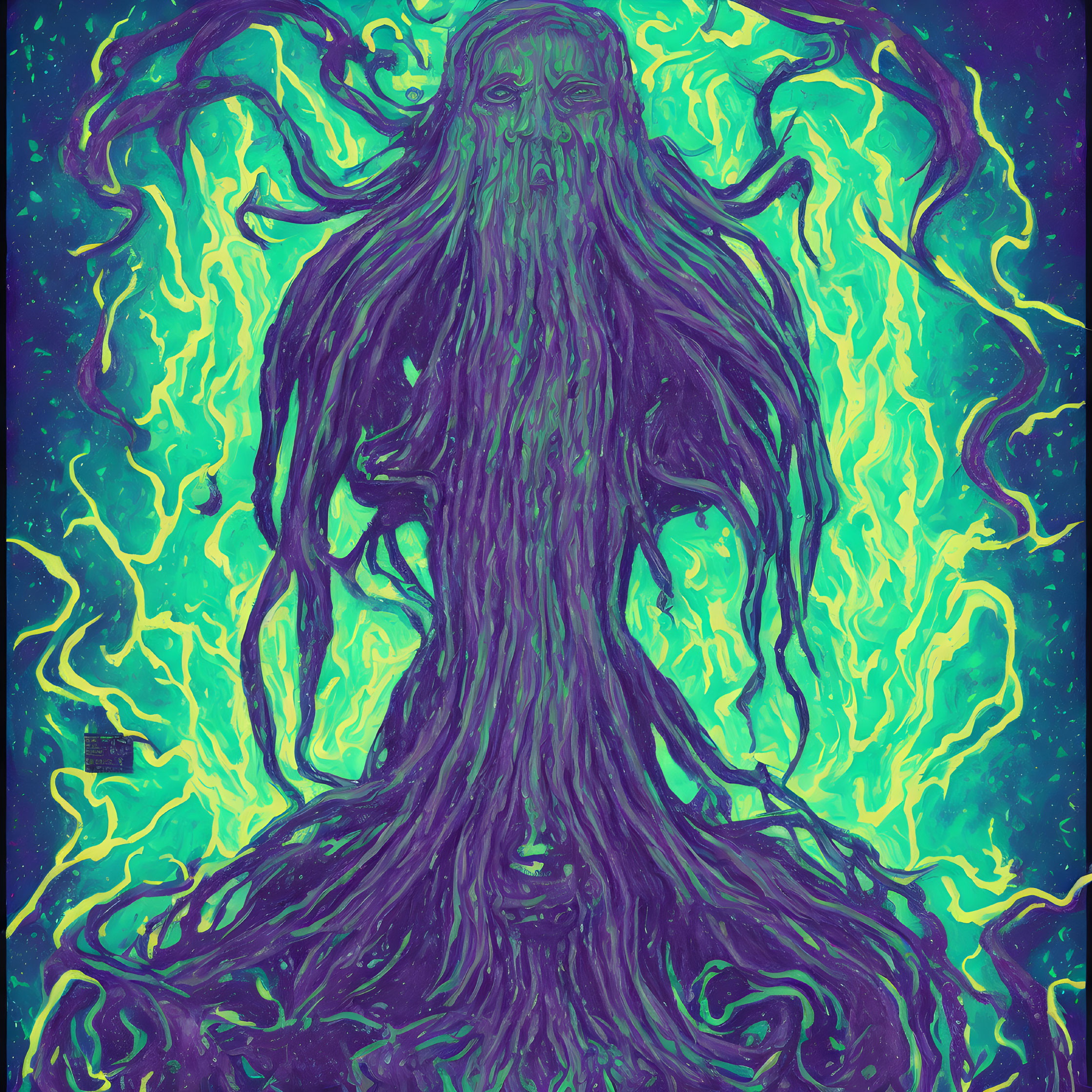 Artwork of entwined human-tree figure in neon green on cosmic blue background