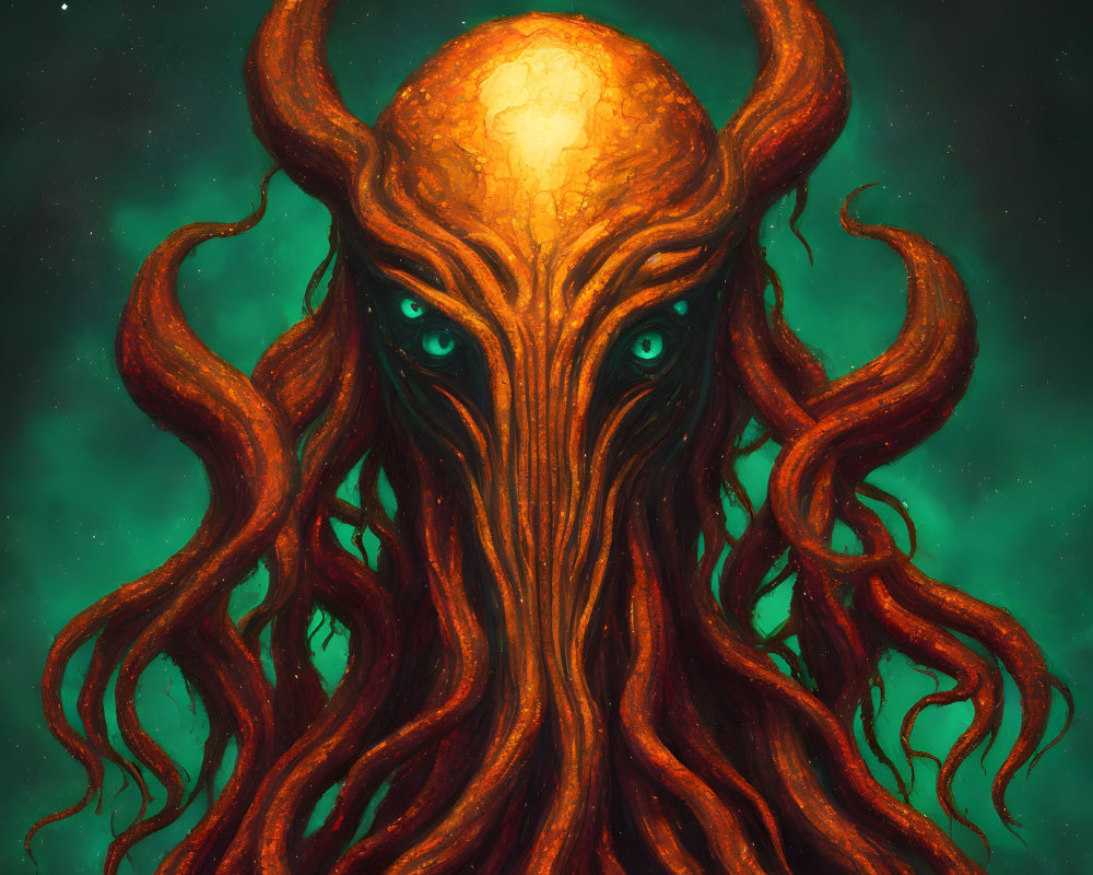 Golden cephalopod creature with emerald eyes and red tentacles on a starry green background