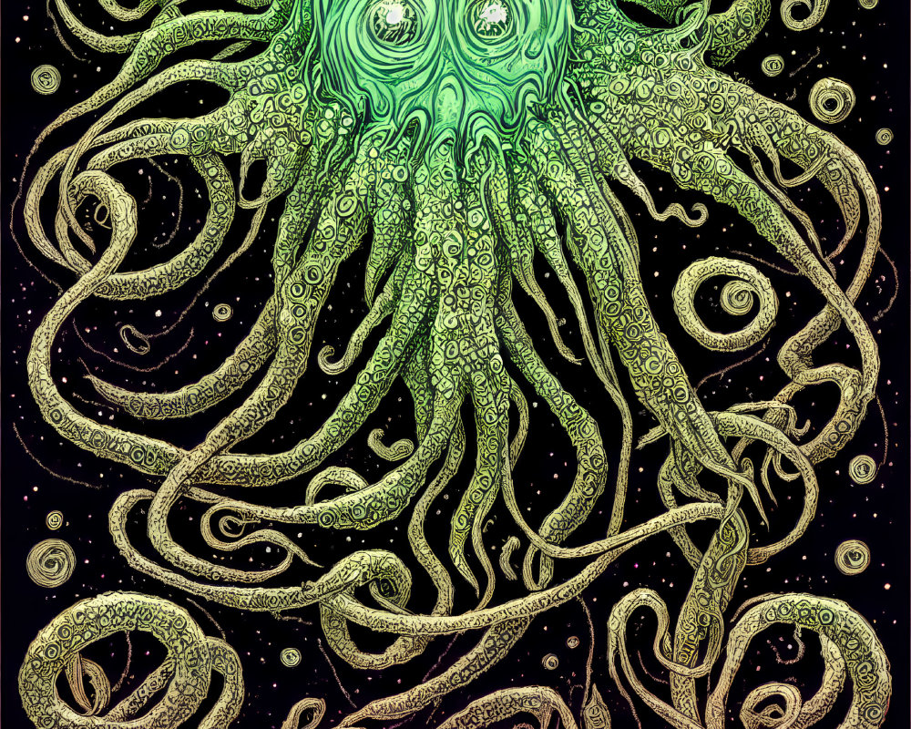 Detailed Green Octopus Illustration on Dark Starry Background