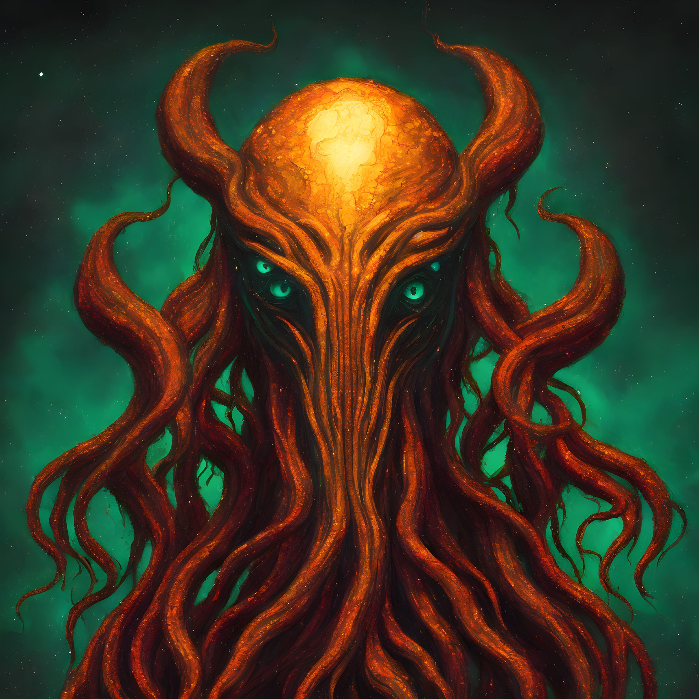 Golden cephalopod creature with emerald eyes and red tentacles on a starry green background