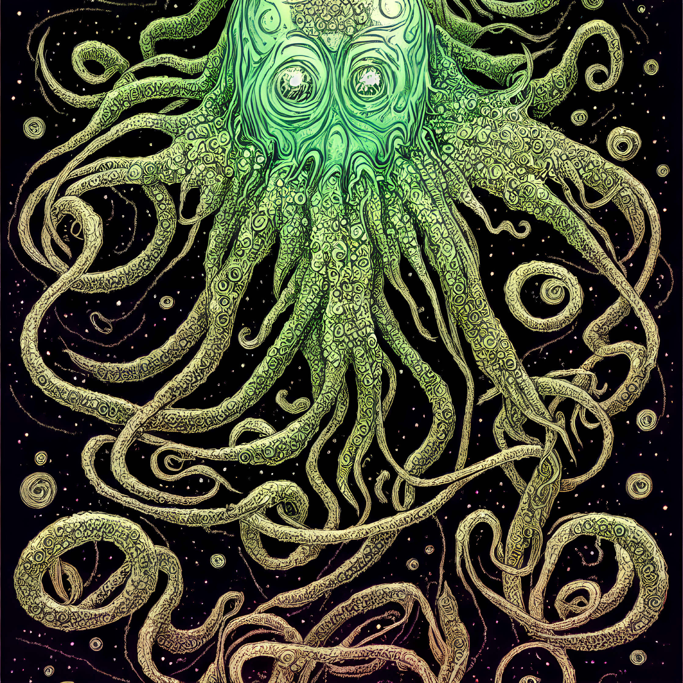 Detailed Green Octopus Illustration on Dark Starry Background