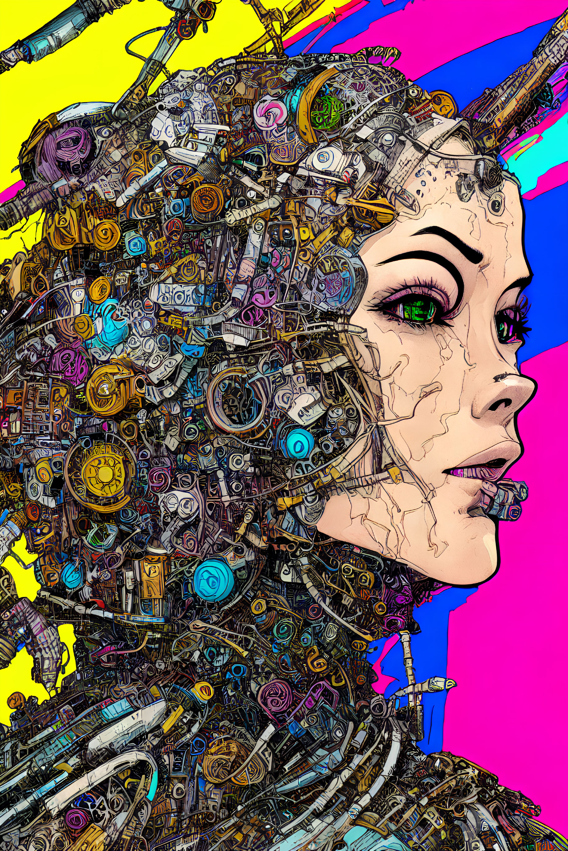 Colorful Abstract Background with Detailed Mechanical Female Figure