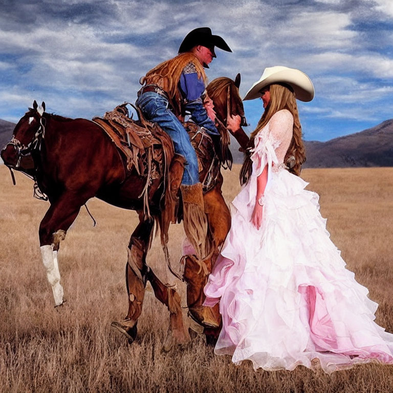 Cowboy on brown horse with woman in pink dress in grassy field.