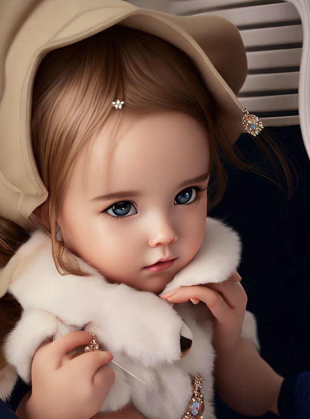 Digital Art: Young Girl in Cream Hat with Blue Eyes and White Fur Collar