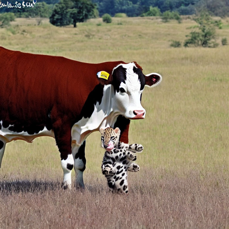 Brown and white cow with leopard cub in field under clear sky