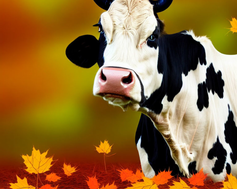 Curious cow with horns in autumn leaves scenery