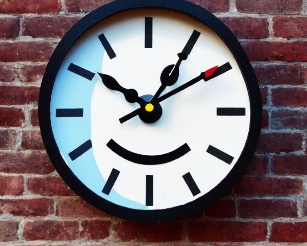 Smiley Face Design Analog Wall Clock on Brick Wall