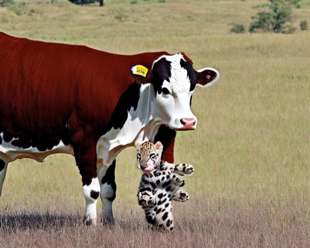 Brown and white cow with leopard cub in field under clear sky