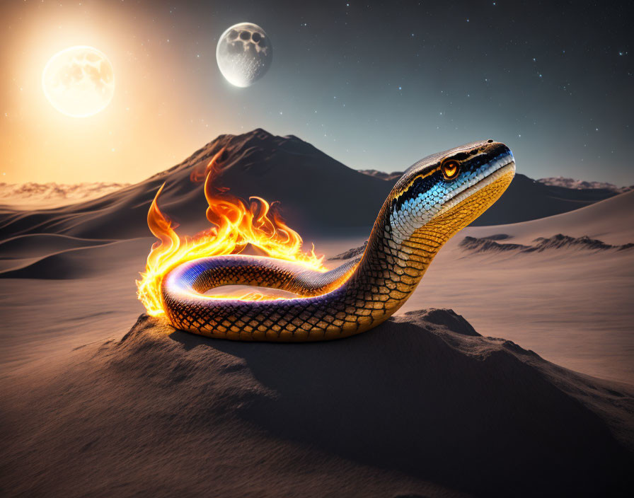 Mystical flame-engulfed snake with volcanic eruption, twin moons, desert landscape