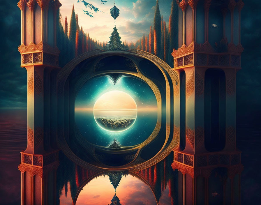 Surreal digital artwork: circular portal to floating island