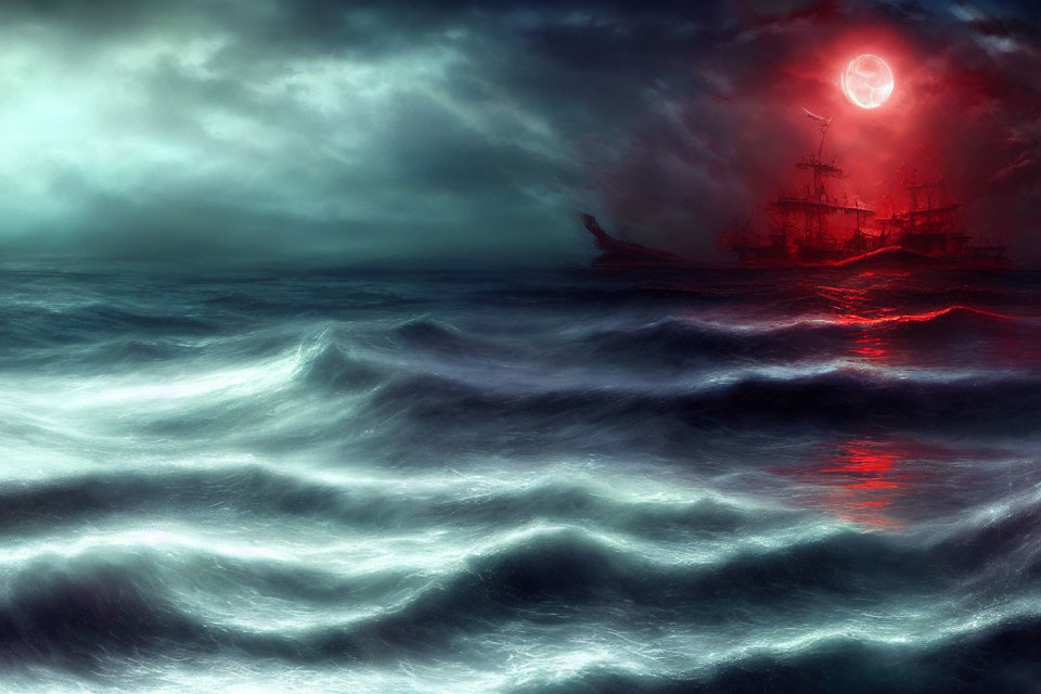 Eerie seascape: ghostly ship under crimson moon amid turbulent waves