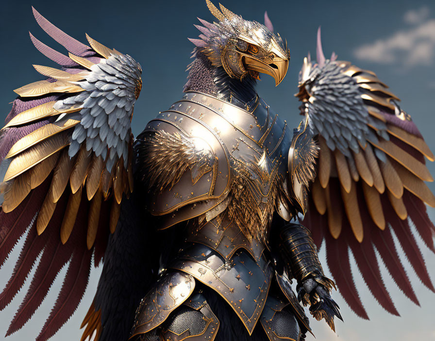 Majestic anthropomorphic eagle in golden armor with winged pauldrons