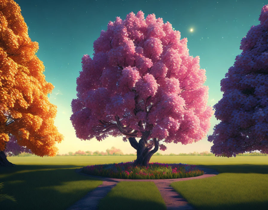 Tranquil twilight scene with pink blooming tree in lush landscape