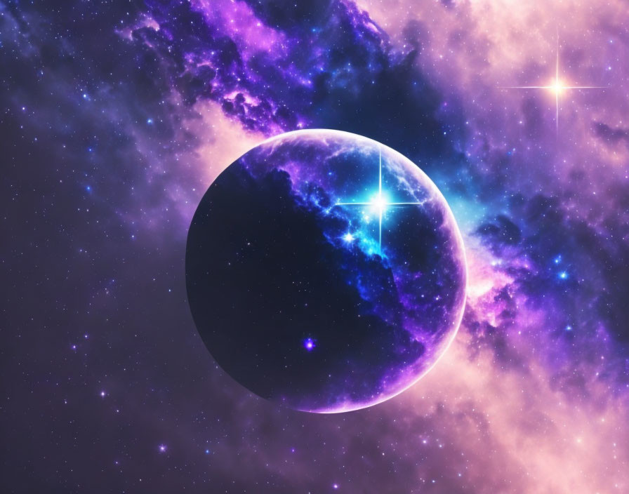 Vibrant Purple Nebula and Dark Planet in Space Scene