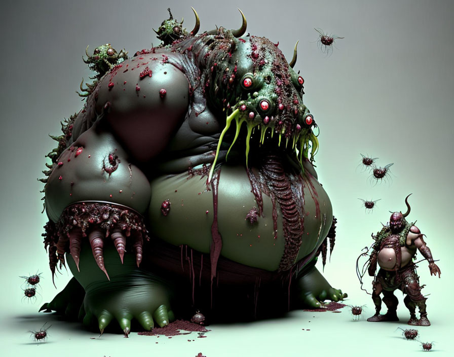 Monstrous creature with multiple eyes and oozing slime, accompanied by smaller beings