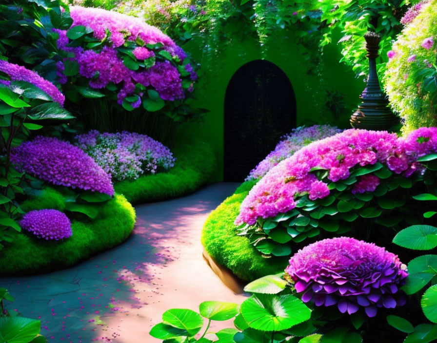 Lush Greenery and Hydrangeas Along Garden Path