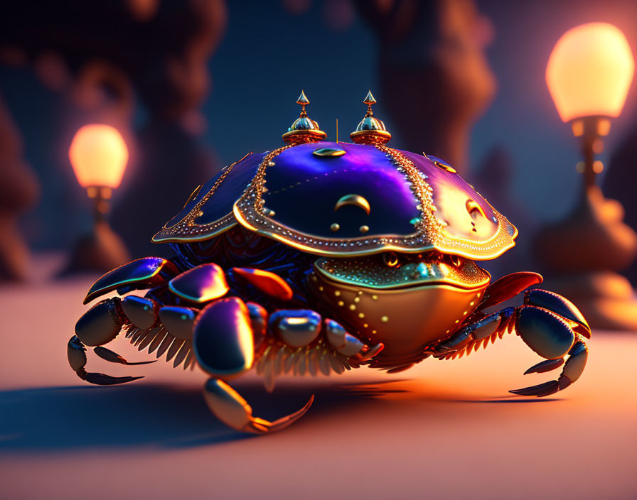 Fantasy mechanical crab with glowing elements in twilight setting