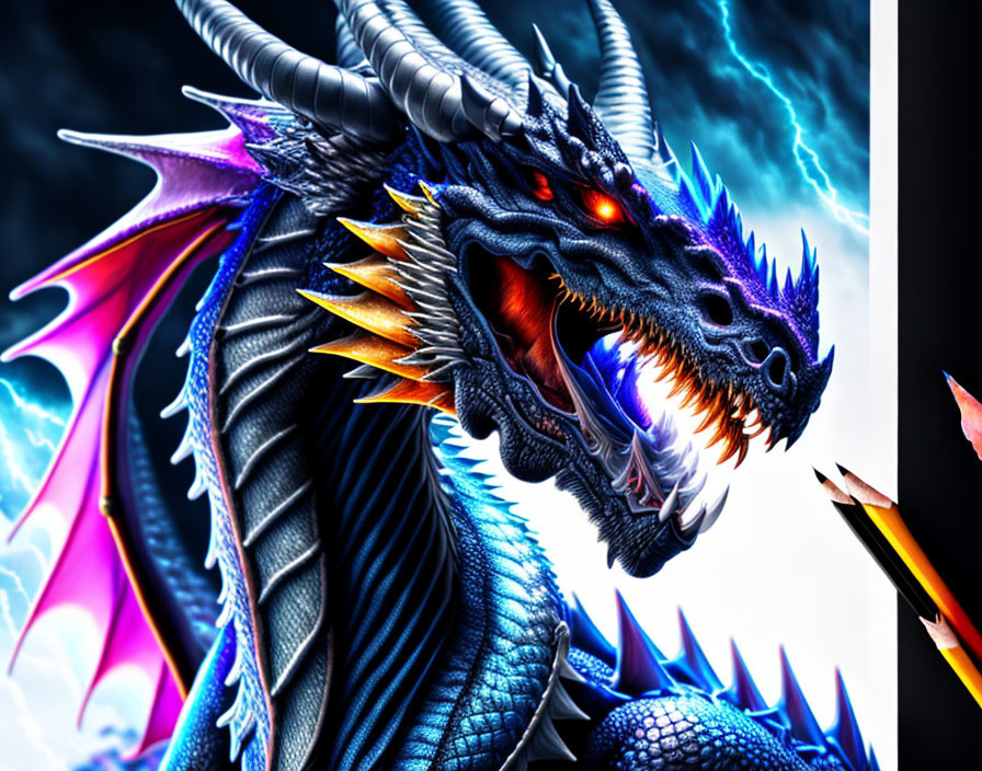 Detailed artwork: Blue dragon with red eyes and fiery breath next to a sharp pencil