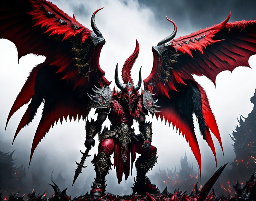 Armored figure with red dragon wings and legion of creatures in gloomy setting