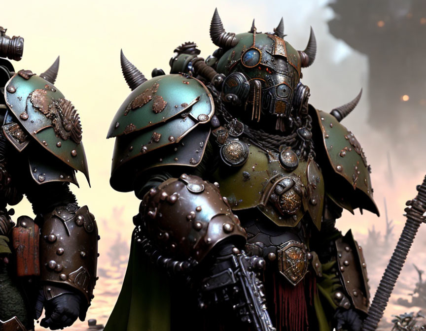 Three steampunk armored knight figures with intricate metalwork and horned helmets