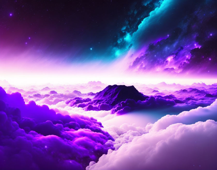 Mountain peak in cosmic scene with purple clouds and starry sky.