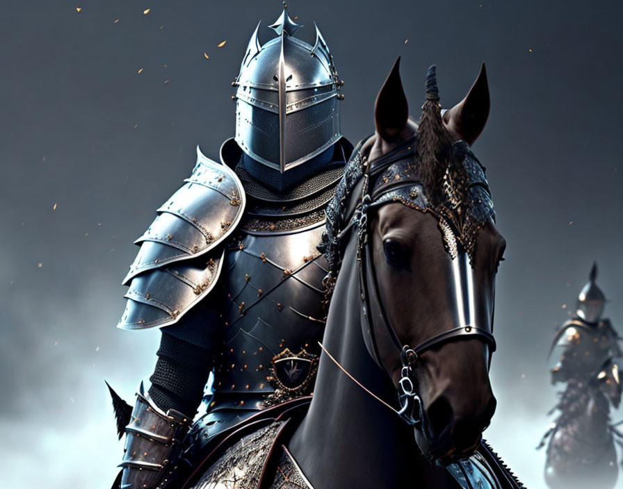 Knight on Horseback in Shiny Armor Amid Dark Smoky Background