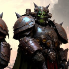 Three steampunk armored knight figures with intricate metalwork and horned helmets