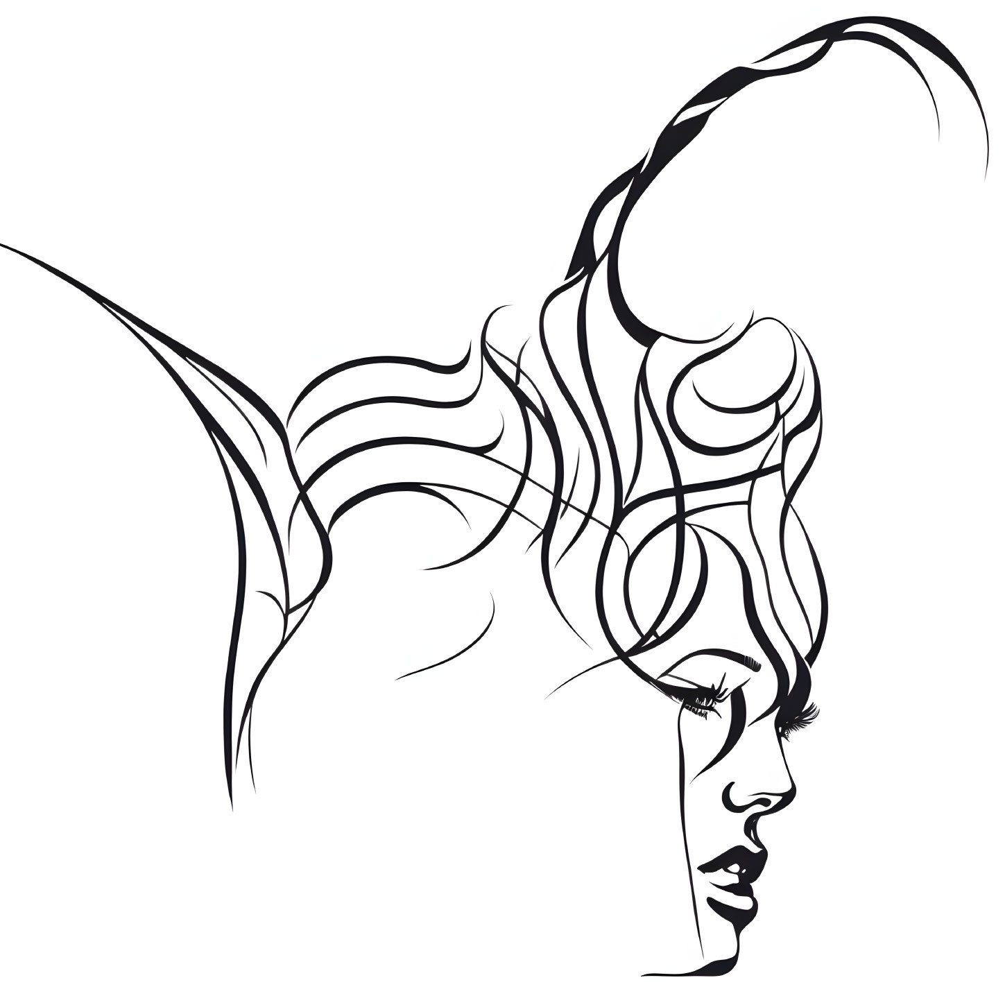 Abstract line art of woman's profile with flowing hair.