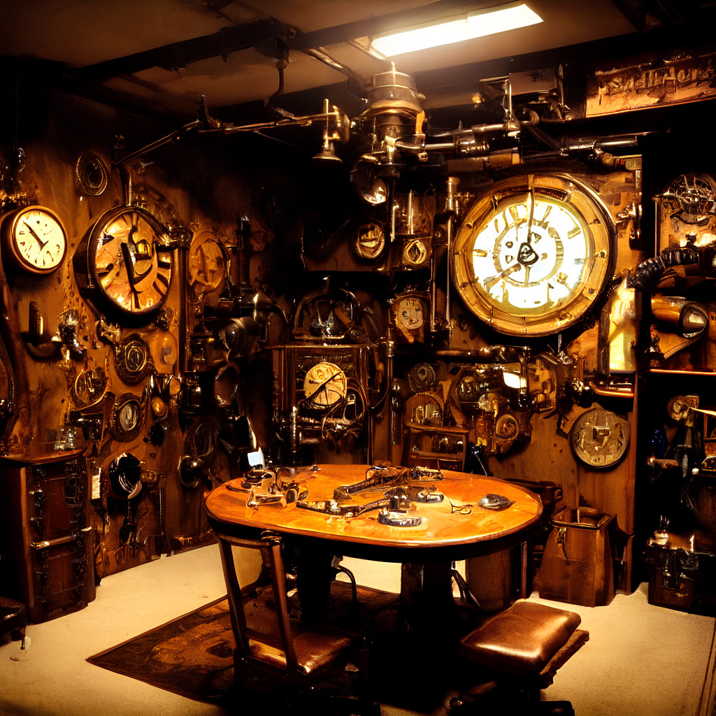 Vintage room with gauges, dials, and maritime instruments on walls