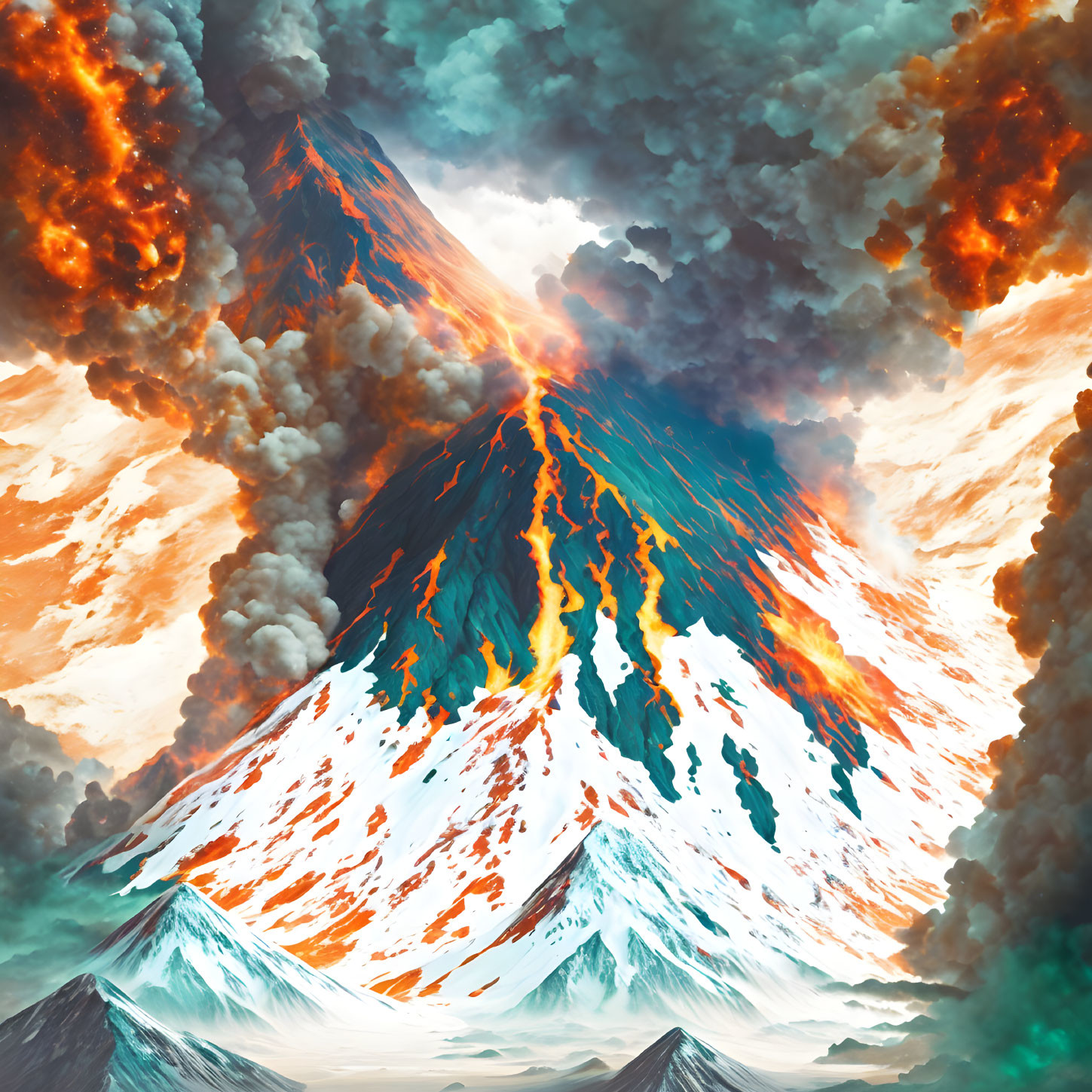 Illustration of volcanic eruption with fiery lava flows and ash clouds