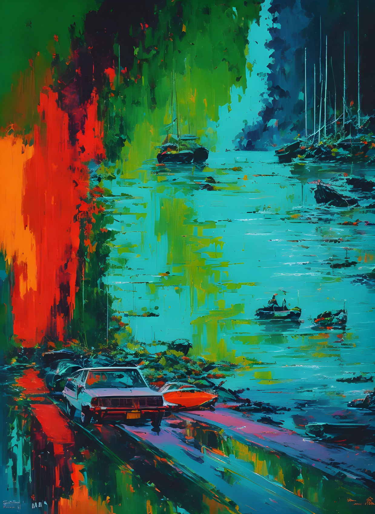 Colorful Abstract Painting: Boats, Red, Green, Blue Strokes, Car