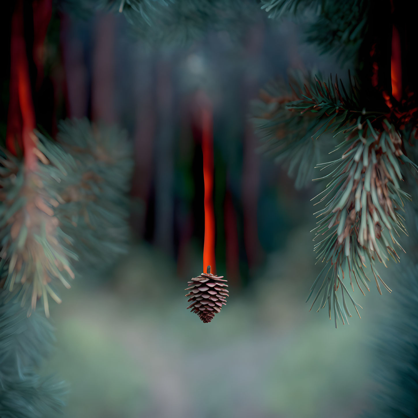 Pine cone hanging in soft-focus forest setting