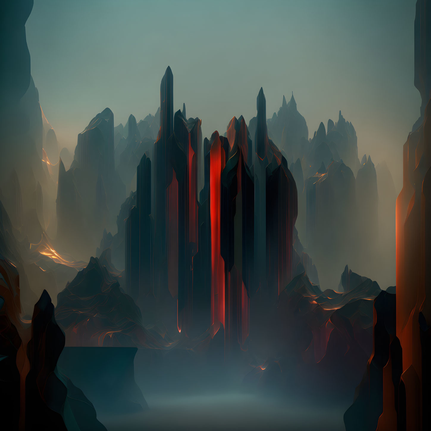 Serene digital art landscape with glowing red rock formations