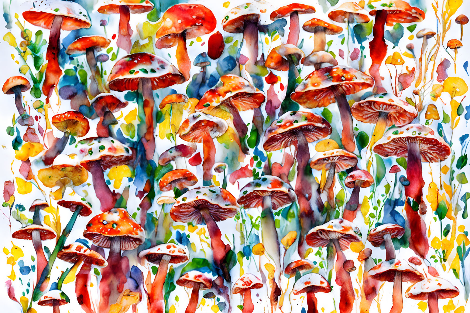 Colorful Watercolor Painting of Whimsical Mushrooms